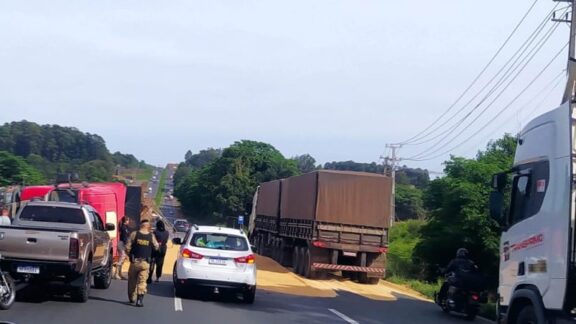 Caminhão carregado com trigo tomba na BR-376 e provoca interdição da pista