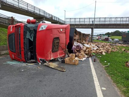 Caminhão carregado com garrafas de vinho tomba na BR-116, em Curitiba