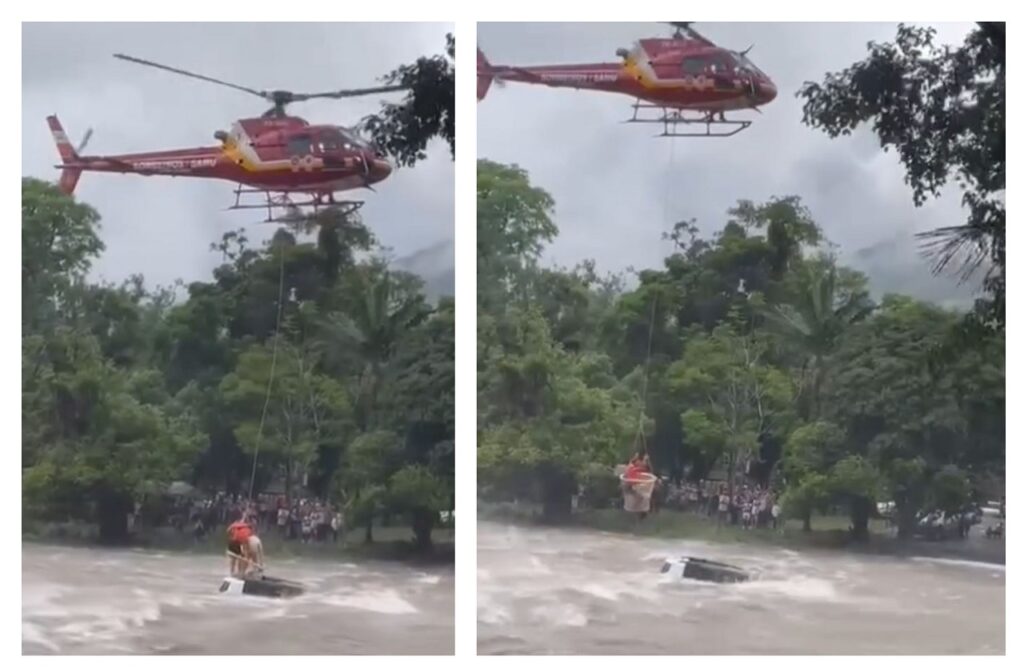 Carro cai de ponte em Guaratuba e ocupantes são resgatados de helicóptero 