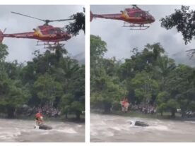 Carro cai de ponte em Guaratuba e ocupantes são resgatados de helicóptero