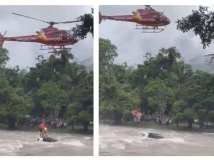 Carro cai de ponte em Guaratuba e ocupantes são resgatados de helicóptero 