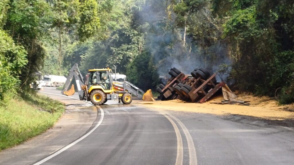 Caminhão carregado com milho tomba na BR-153 e é destruído por incêndio 3