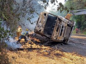 Caminhão carregado com milho tomba na BR-153 e é destruído por incêndio